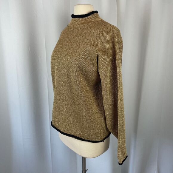 Vintage Sweater Womens Size Medium M Gold Metallic Knit Party Cocktail Mock Neck - Picture 5 of 12